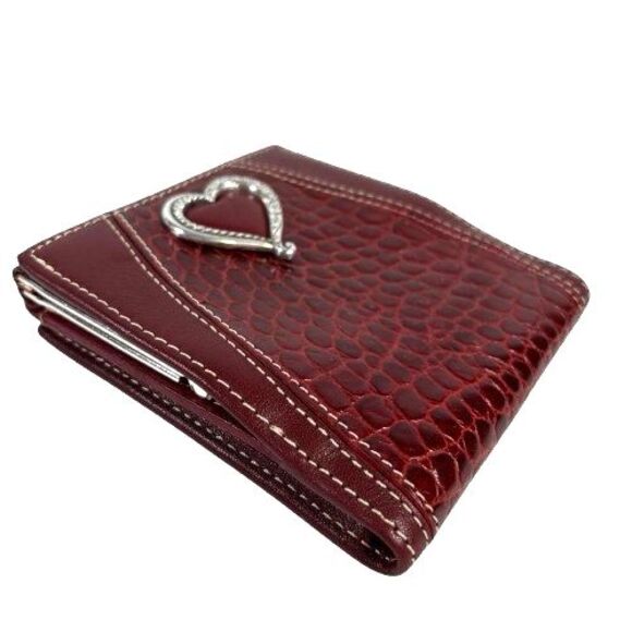 New Brighton Moc Croc Leather Wallet Bifold Large Silver Heart Clutch Kisslock - Picture 2 of 16